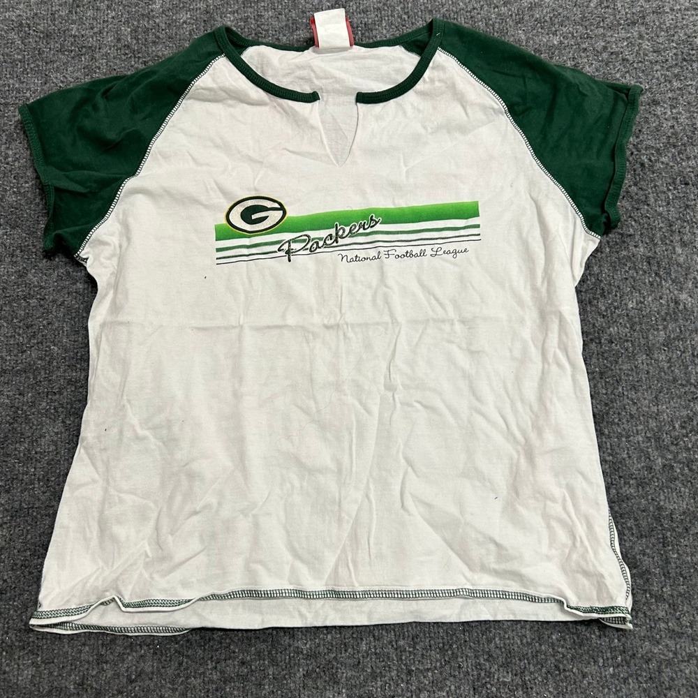 NFL T-Shirt Womens Size L Green White Packers Raglan Split Neck Cotton Graphic